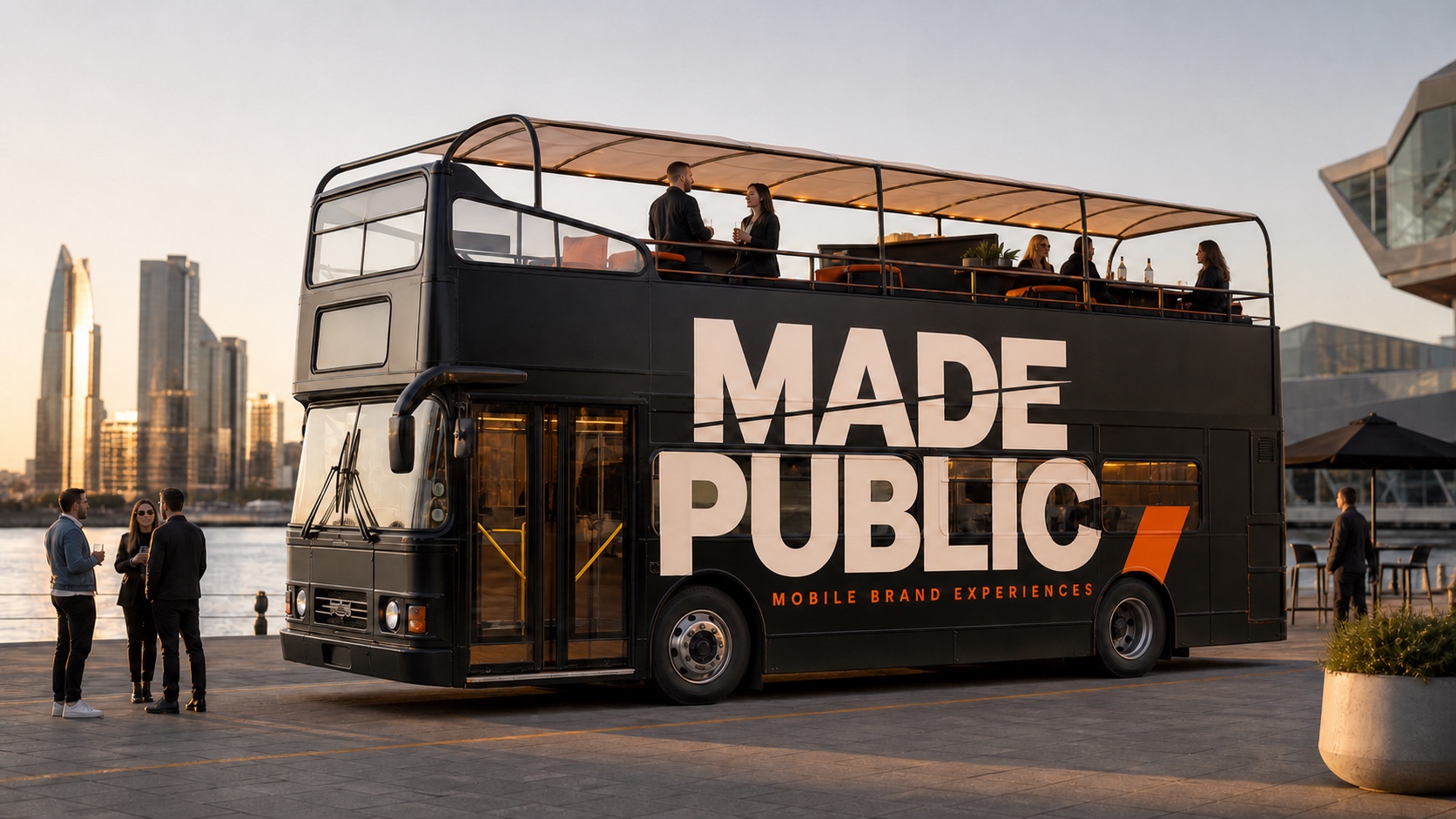 Made Public open-top Leyland Titan configured as a waterfront hospitality venue