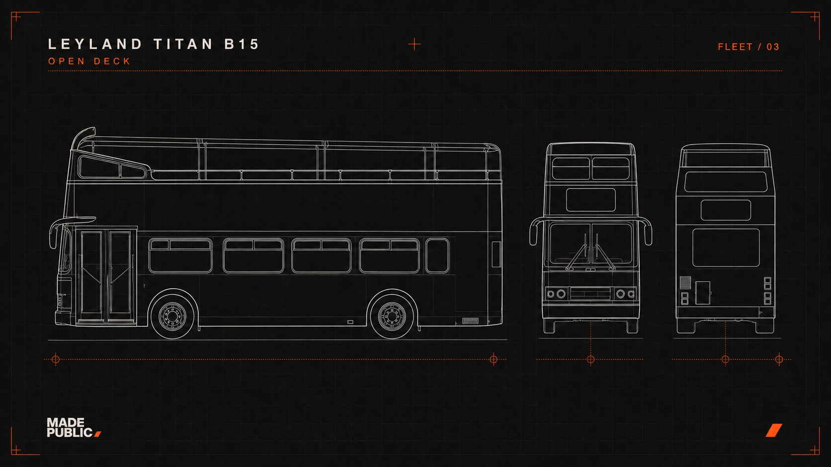 Technical side, front and rear drawings of a Leyland Titan B15 open-top double-decker